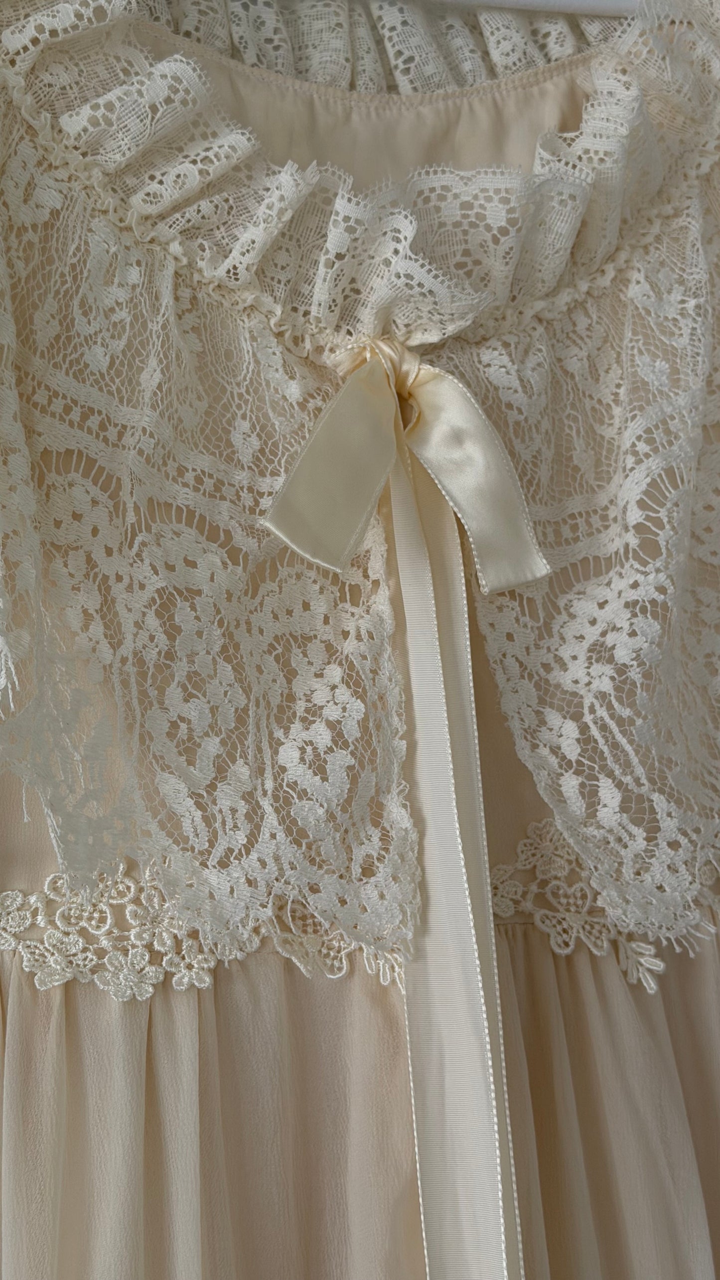 Off-the-Shoulder Cream Lace Detail Wedding Gown with Train