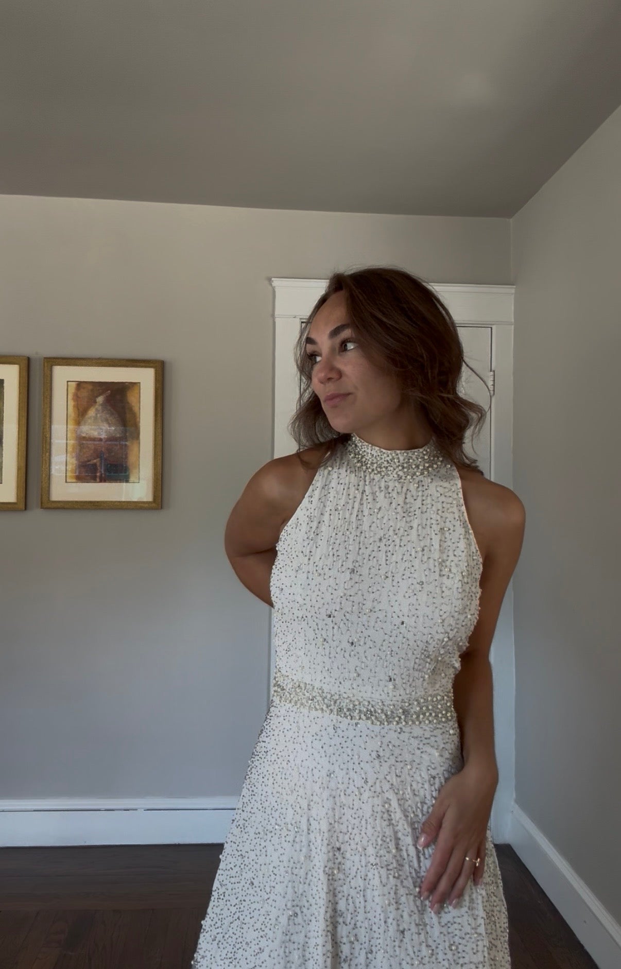 Vintage Venus Couture Beaded Halter Dress with Pearl & Crystal Detail