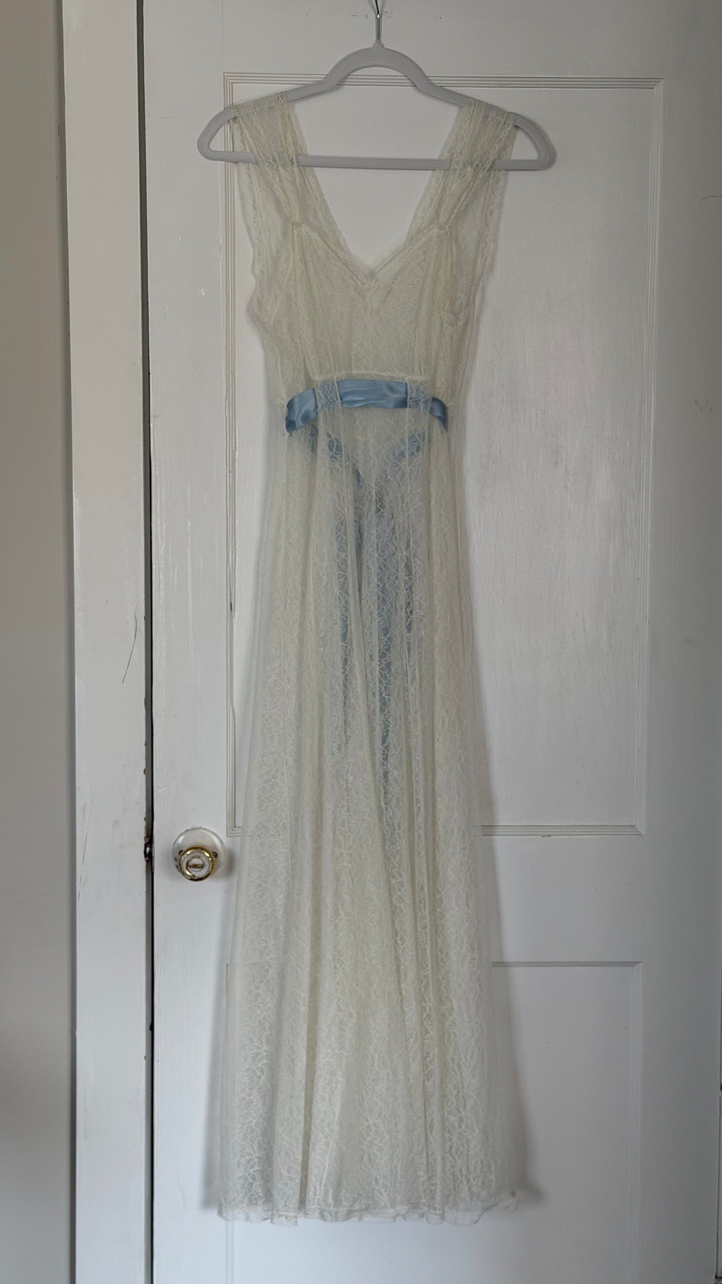 50s Ivory Lace Bridal Slip with Blue Sash