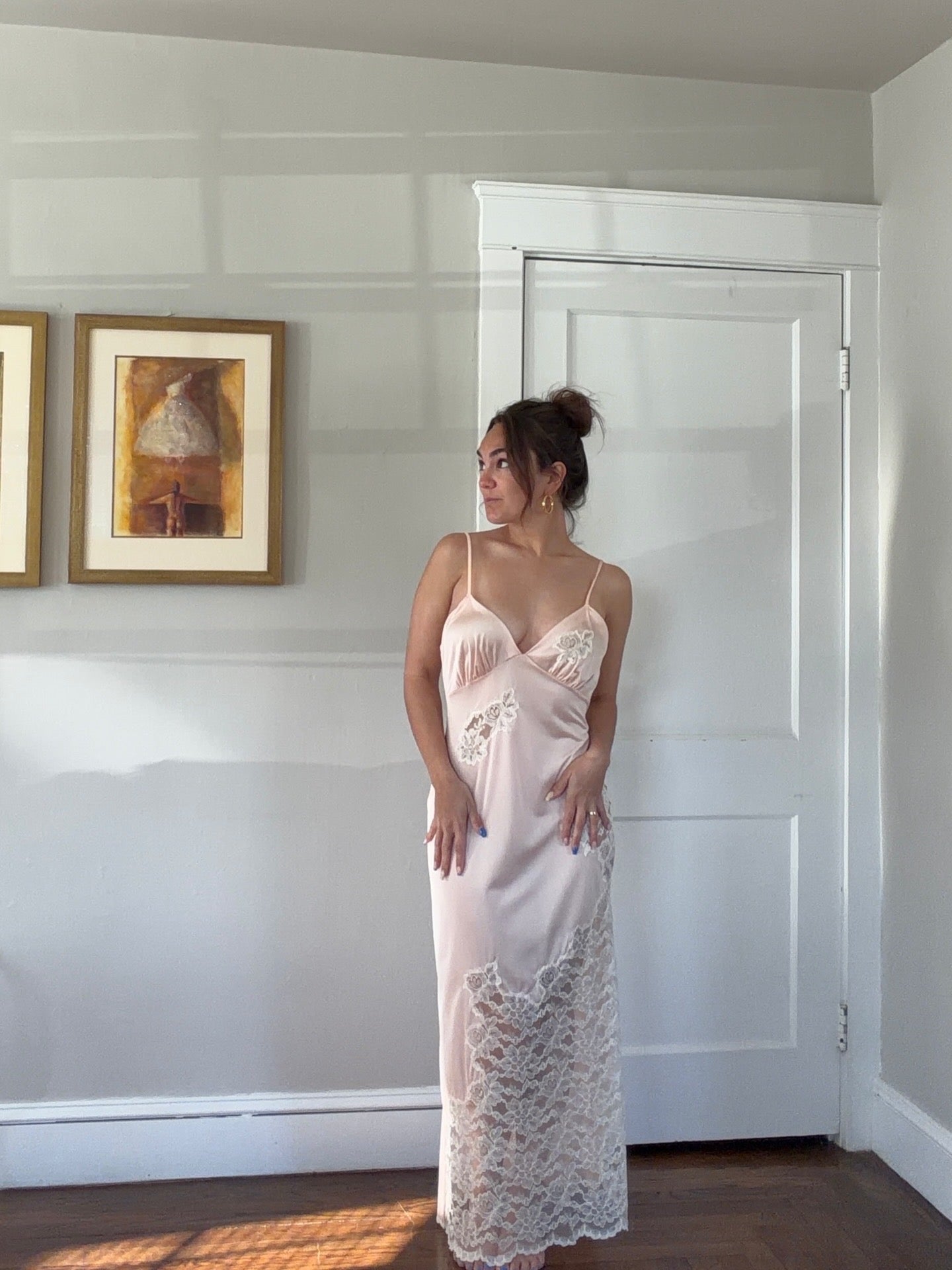 Low Back Peachy Pink Slip with Ivory Lace Detail