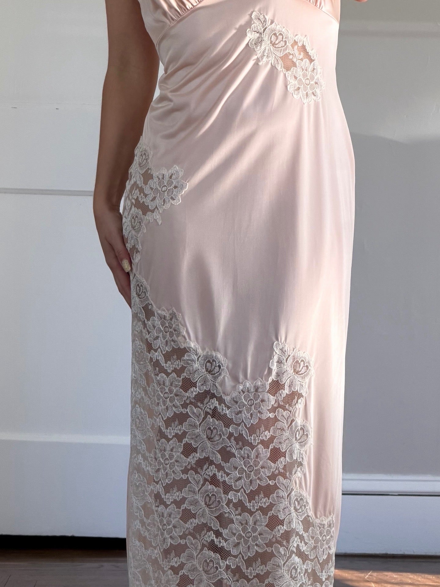 Low Back Peachy Pink Slip with Ivory Lace Detail