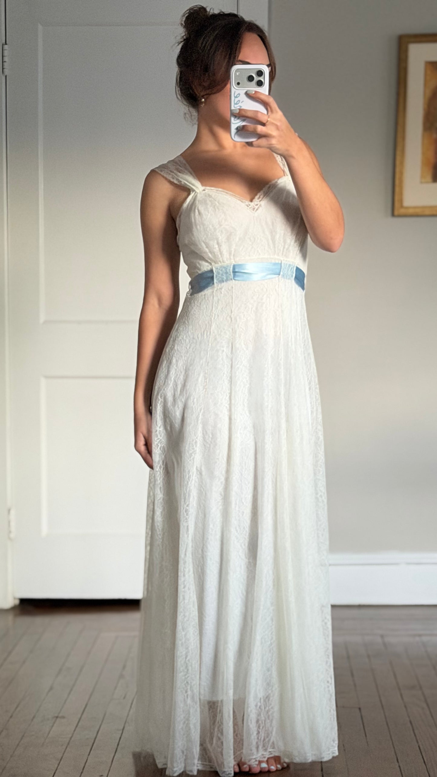 50s Ivory Lace Bridal Slip with Blue Sash
