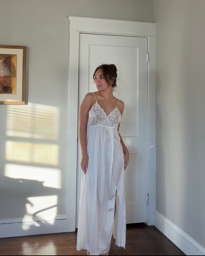 White Peignoir Set - Tie-Back Slip Dress & Chiffon Overlay