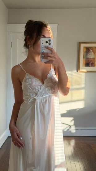 White Peignoir Set - Tie-Back Slip Dress & Chiffon Overlay