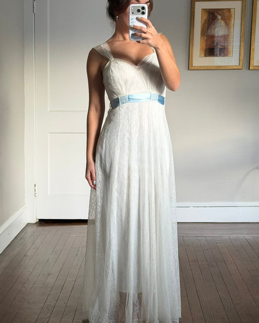 50s Ivory Lace Bridal Slip with Blue Sash