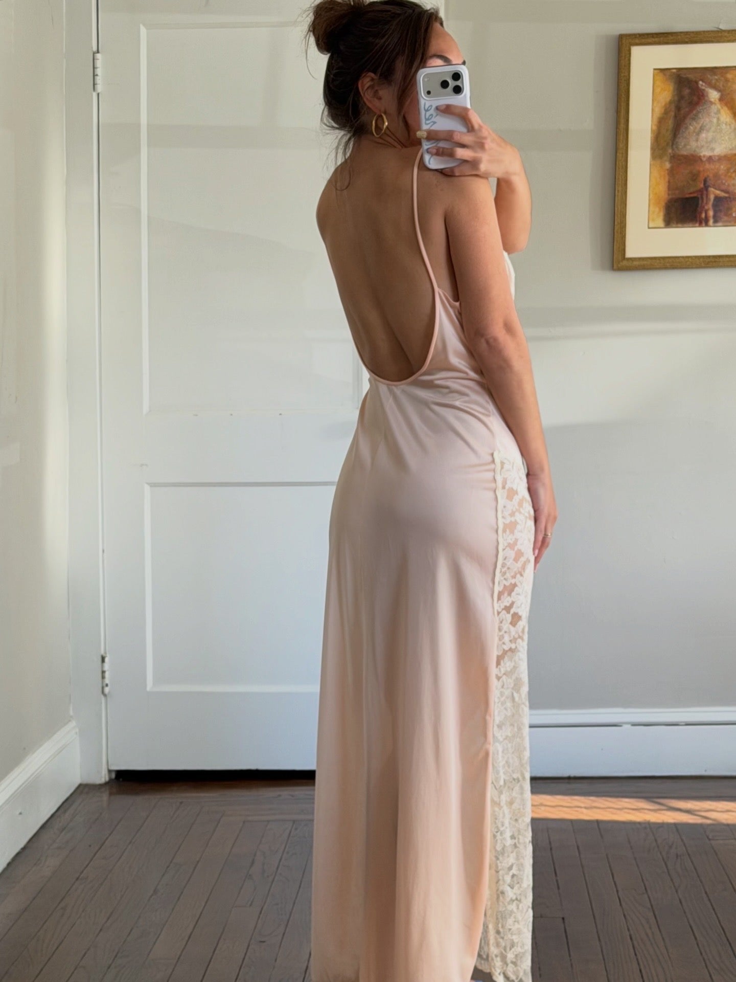 Low Back Peachy Pink Slip with Ivory Lace Detail