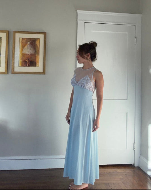 Rare Sky Blue & Lavender Lace-Bodice Maxi Slip