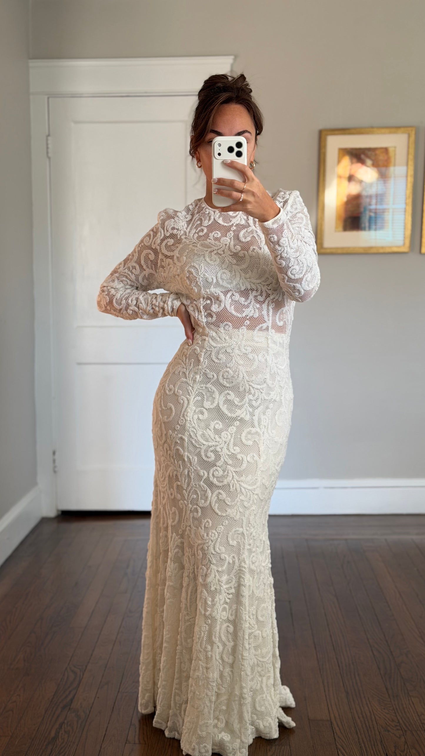 Vintage Ivory Stretch Lace Overlay Gown