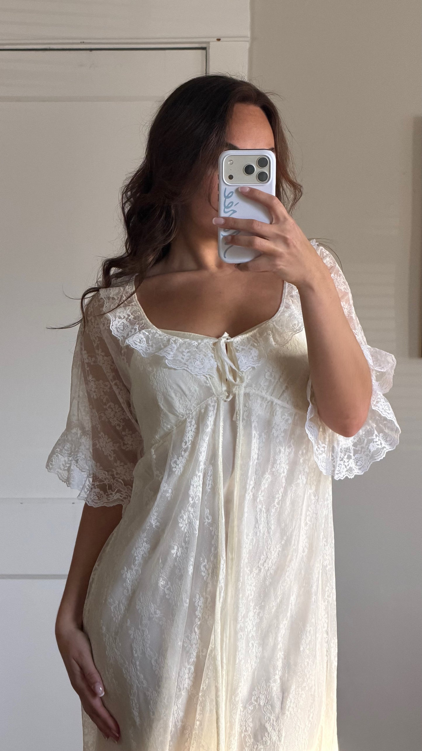 Cream Sheer Lace Overlay Peignoir Set