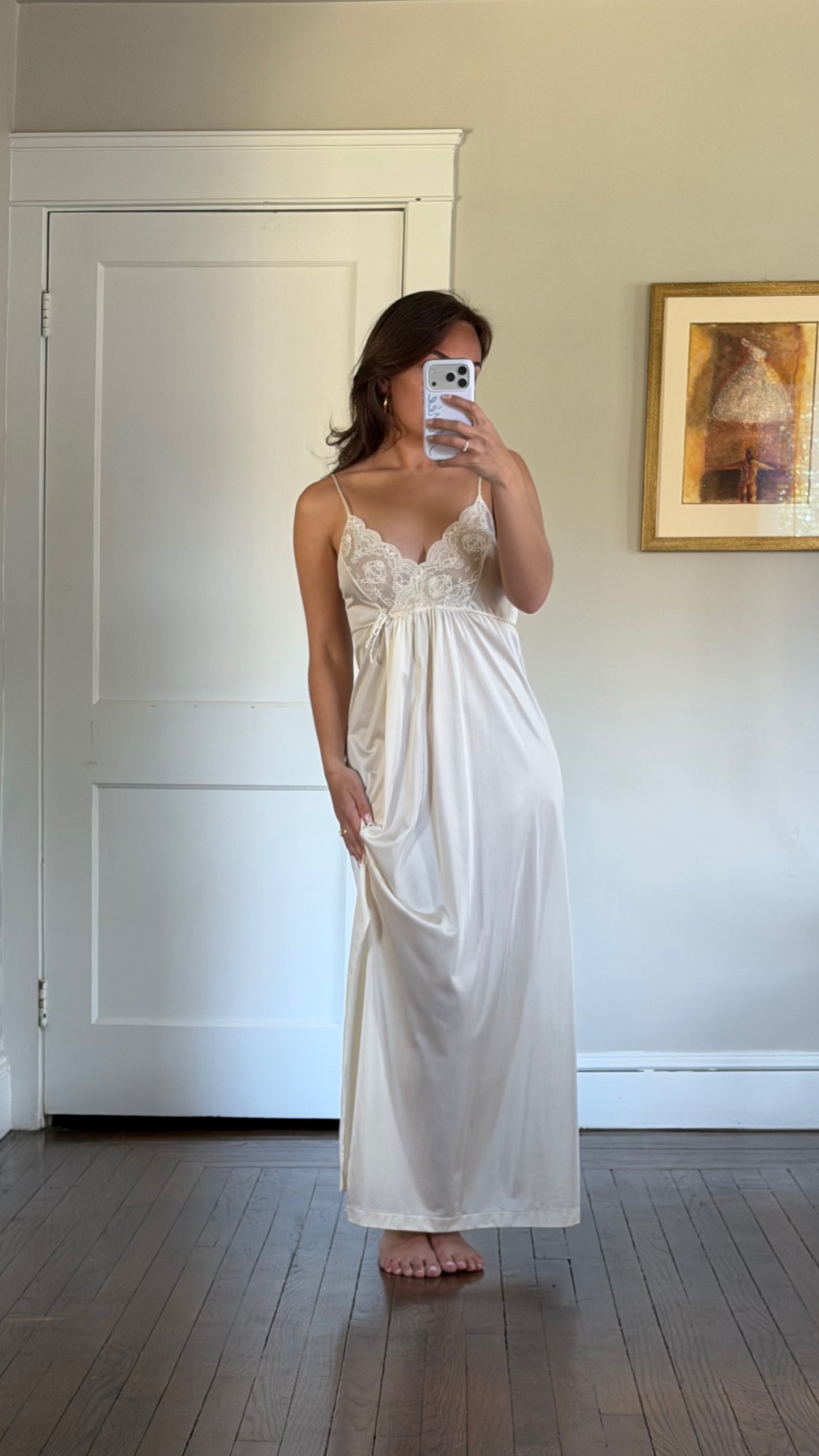 Tie-Back Slip & Chiffon Overlay Peignoir Set - Cream