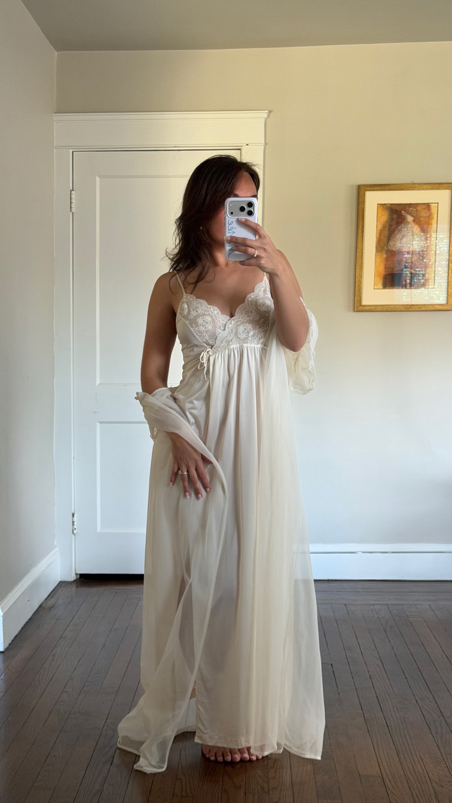 Tie-Back Slip & Chiffon Overlay Peignoir Set - Cream