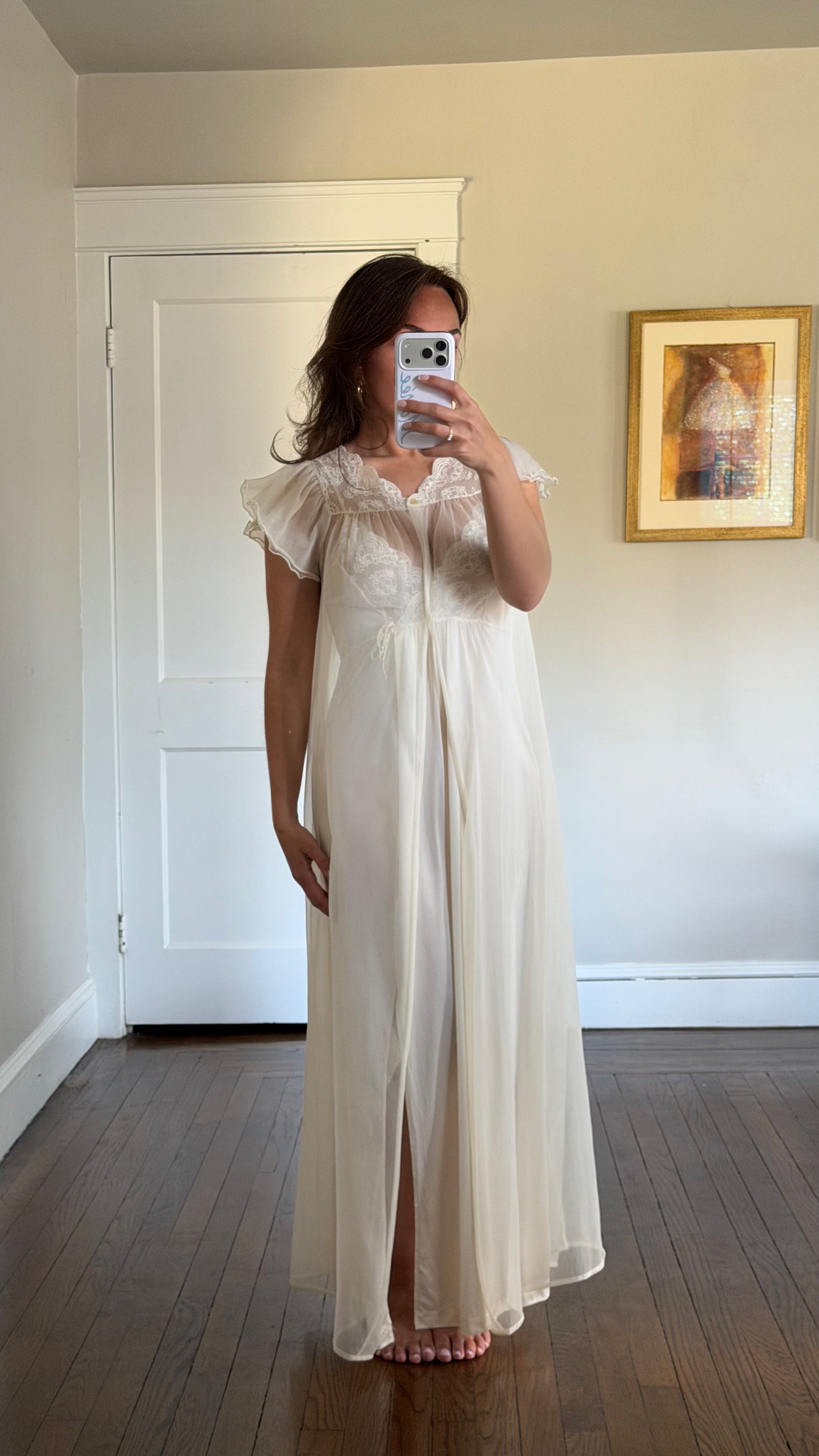Tie-Back Slip & Chiffon Overlay Peignoir Set - Cream