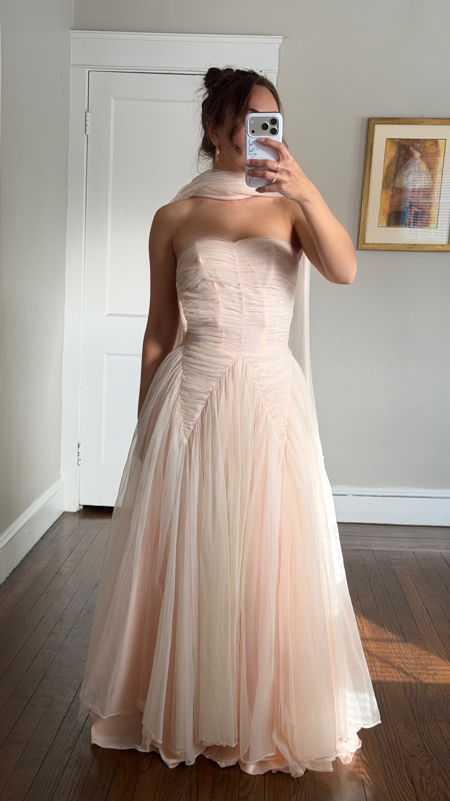 1950s Blush Tulle Gown with Neck Scarf