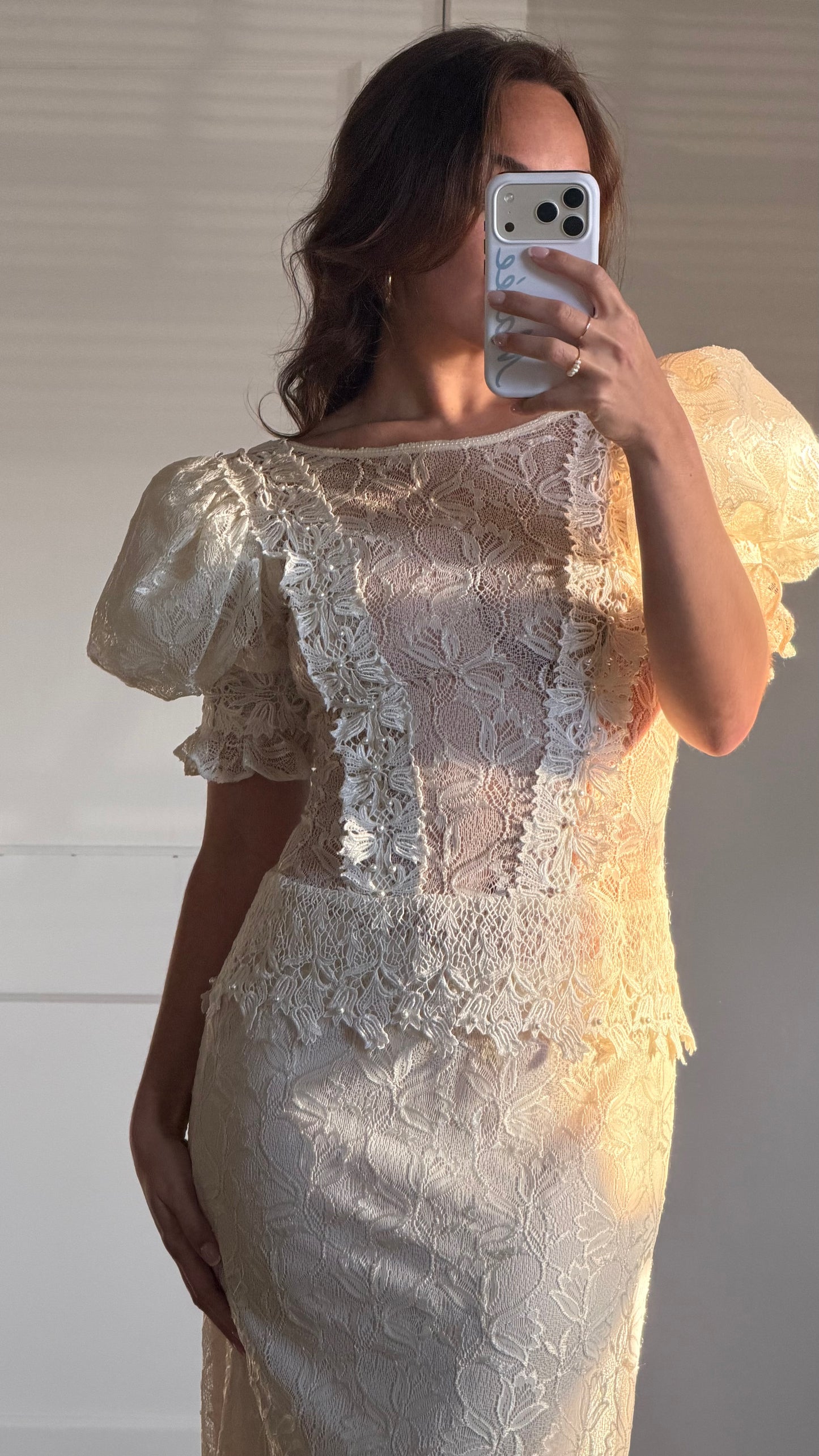 Sheer Lace Puff Sleeve Midi