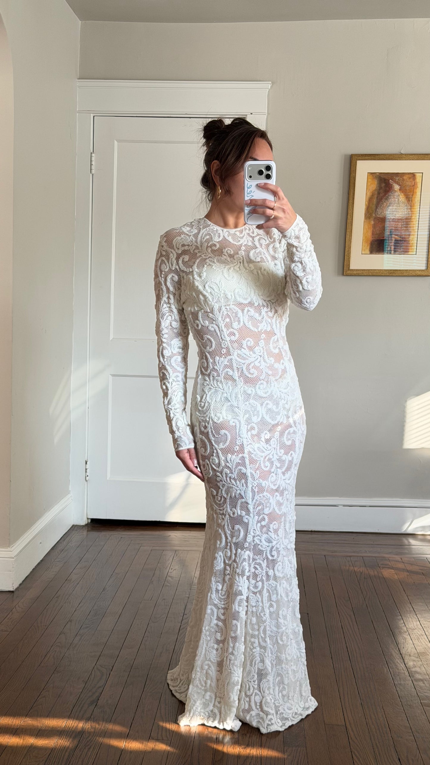 Vintage Ivory Stretch Lace Overlay Gown