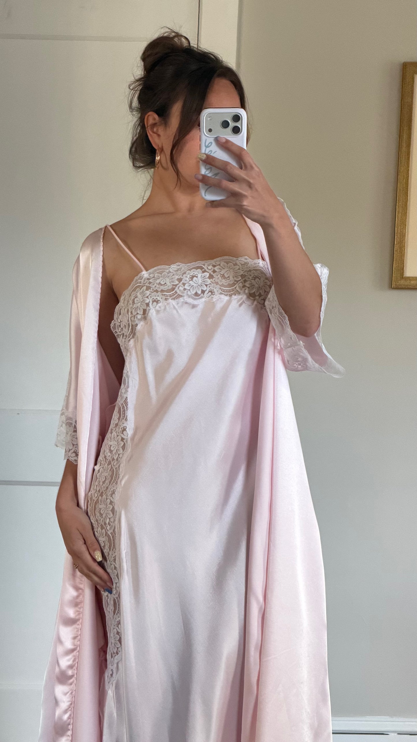 Pink & White Lace Detail Peignoir Set