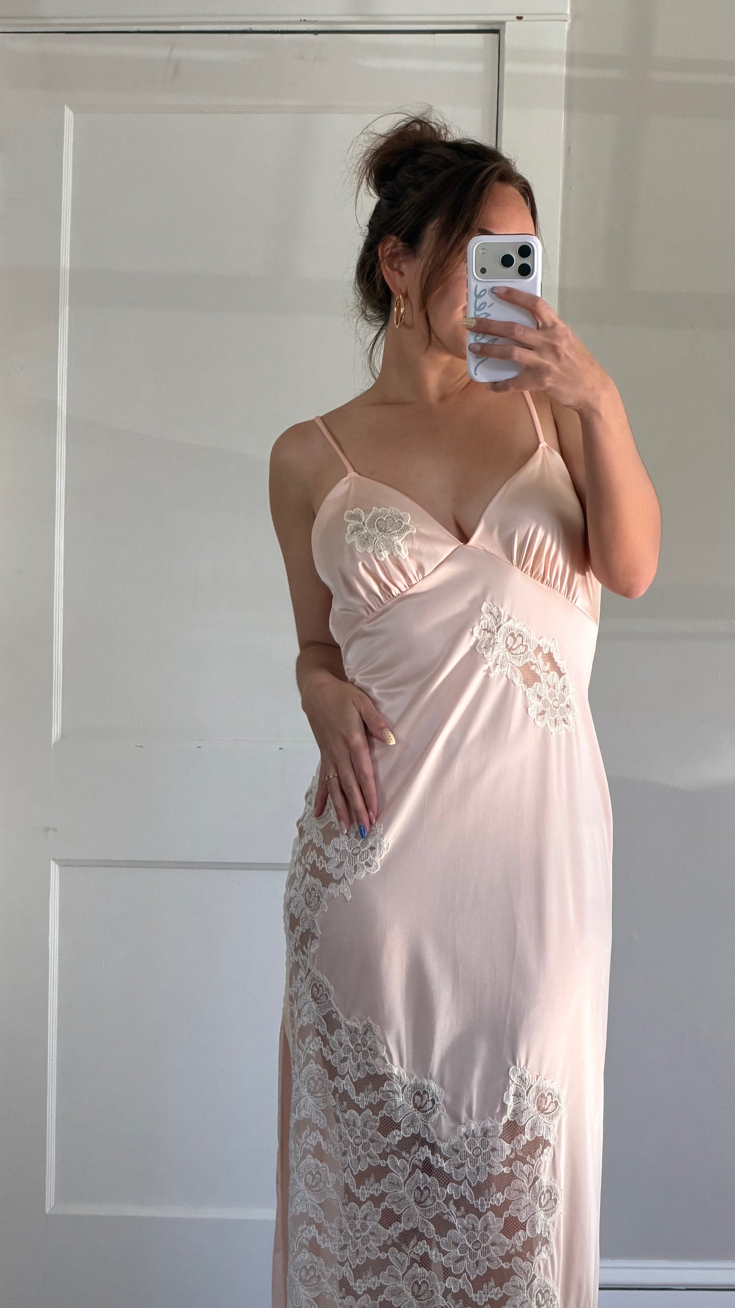 Low Back Peachy Pink Slip with Ivory Lace Detail