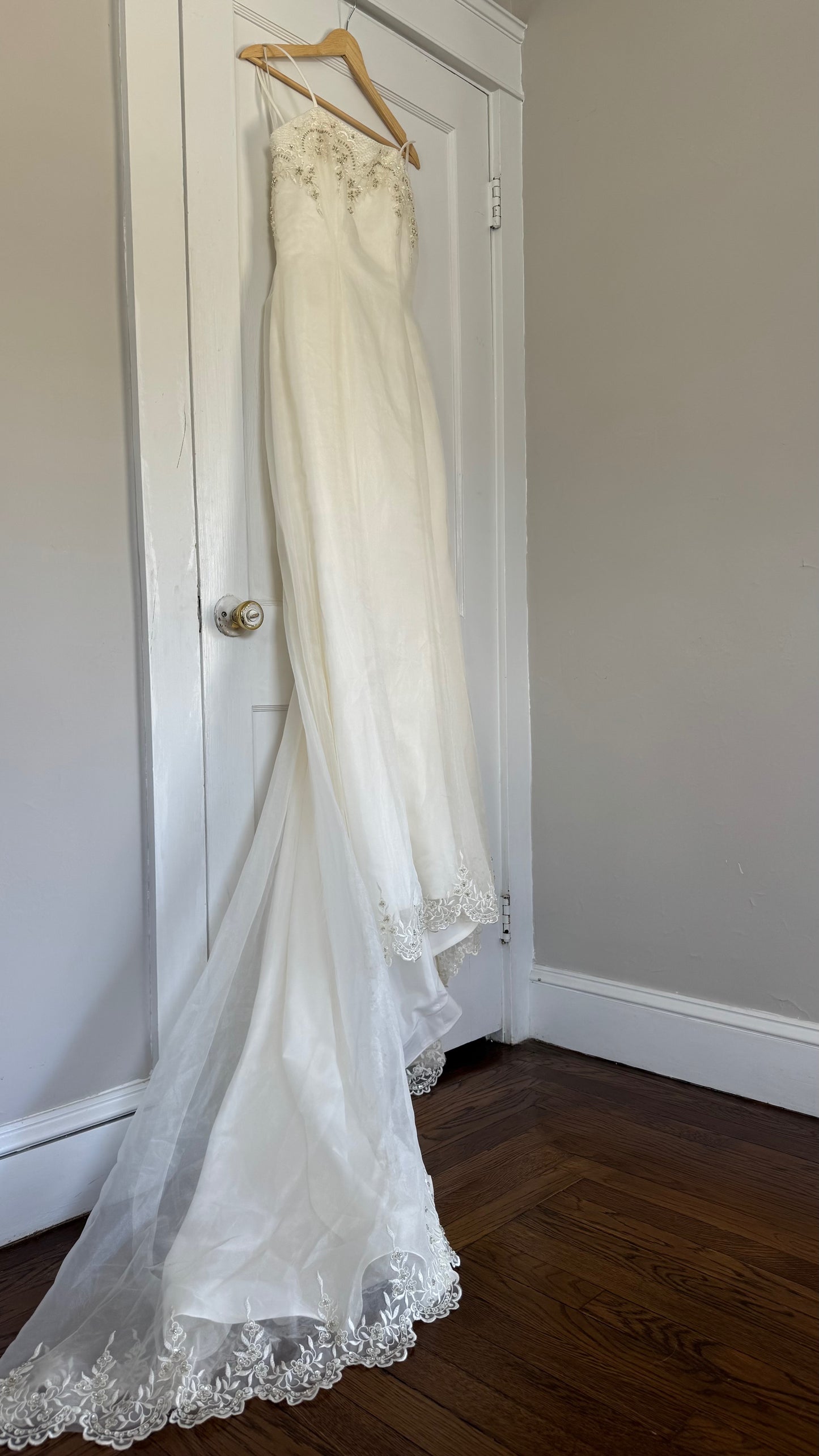 Y2K Deadstock Emme Bridal Gown with Beaded Bodice & Lace Hem Train