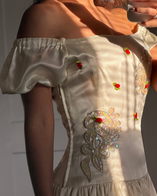 Vintage Euro Cream Rosette & Sequin Puff-Sleeve Dress