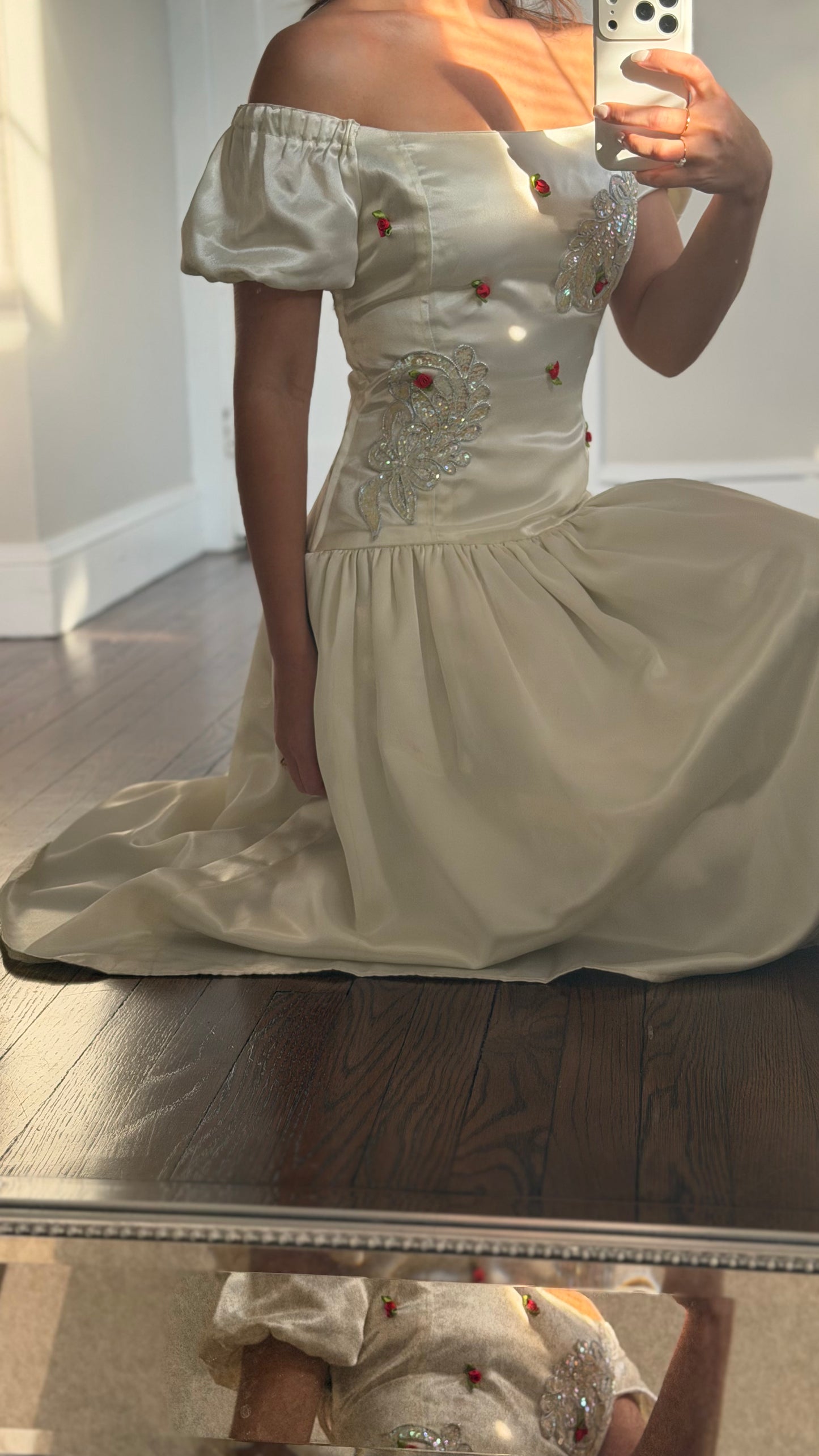 Vintage Euro Cream Rosette & Sequin Puff-Sleeve Dress