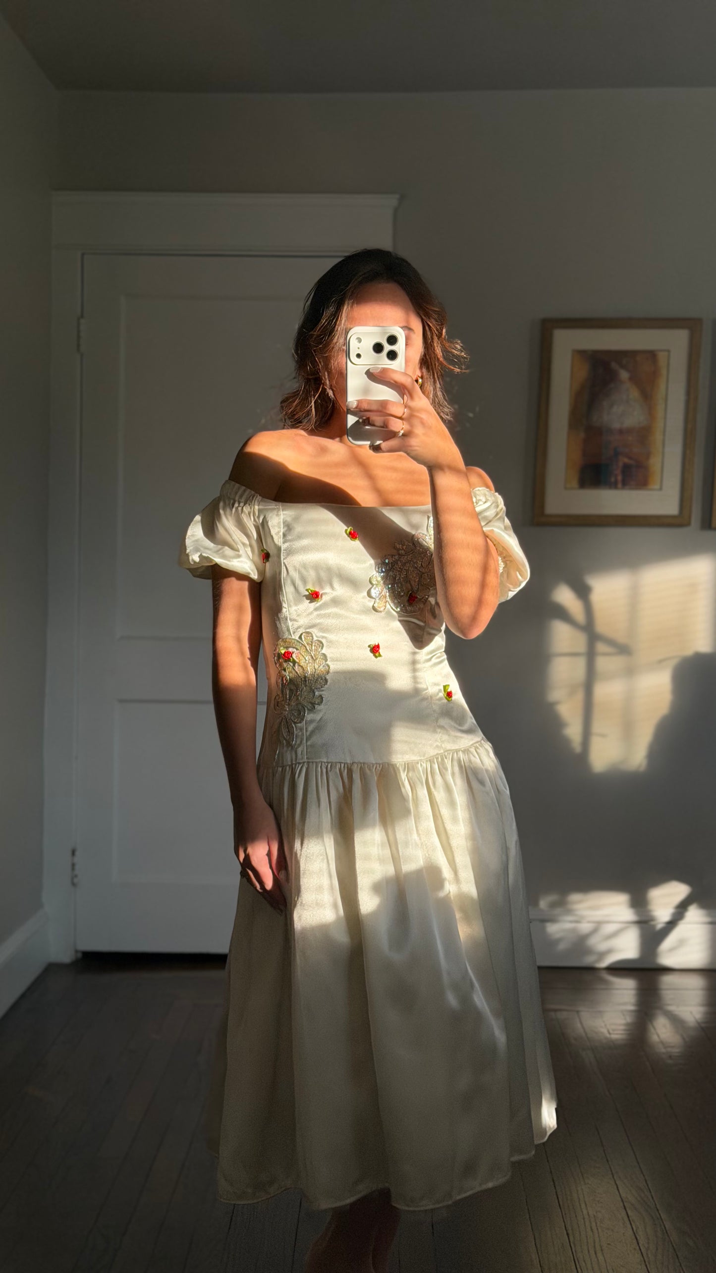 Vintage Euro Cream Rosette & Sequin Puff-Sleeve Dress