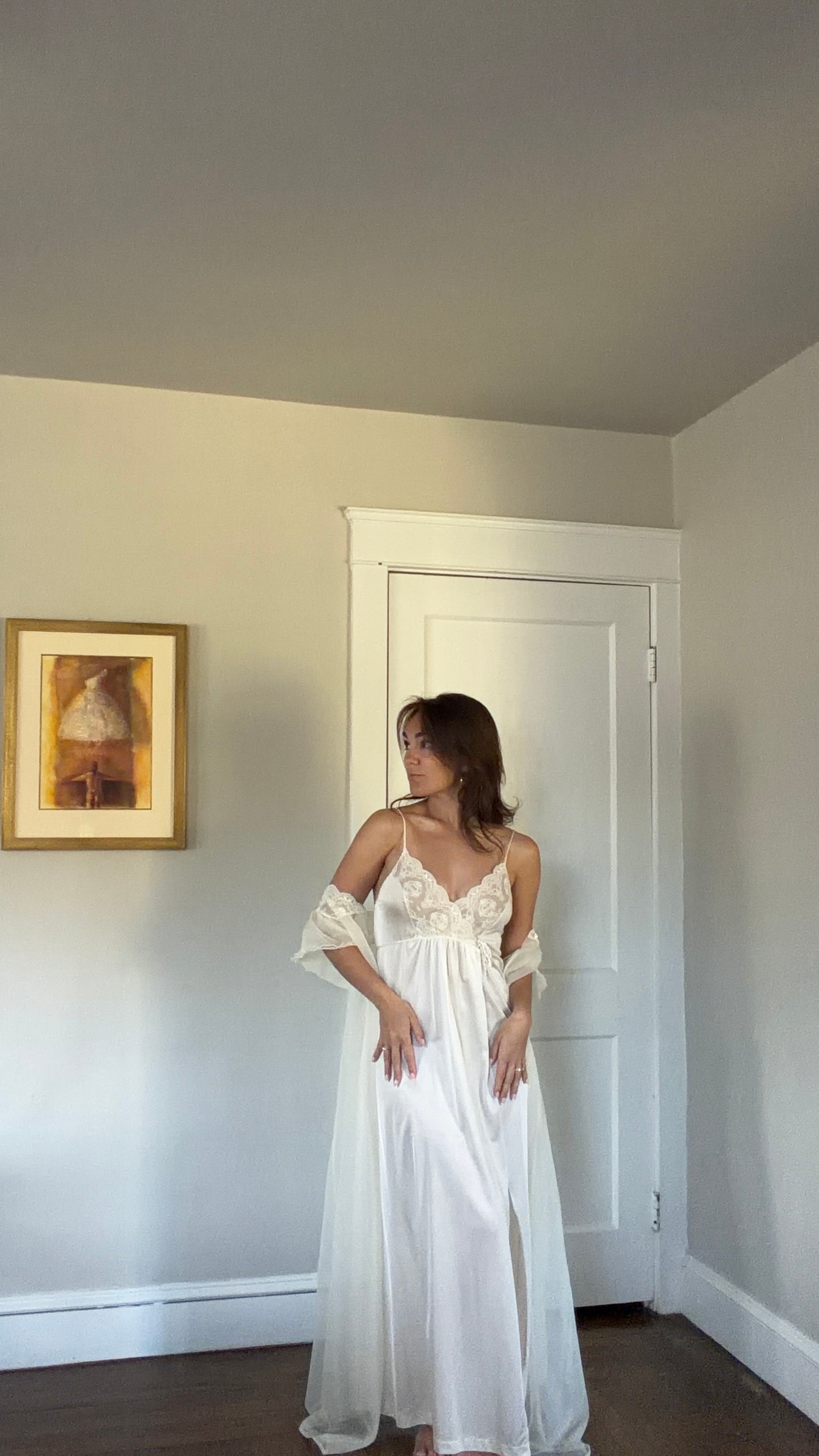Tie-Back Slip & Chiffon Overlay Peignoir Set - Cream