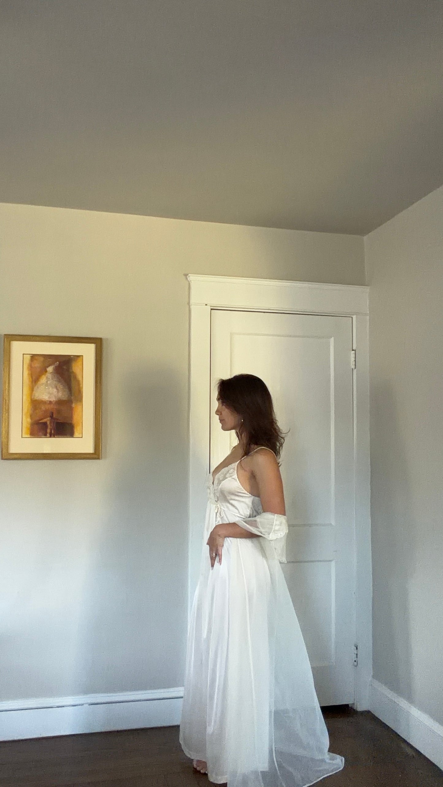 Tie-Back Slip & Chiffon Overlay Peignoir Set - Cream