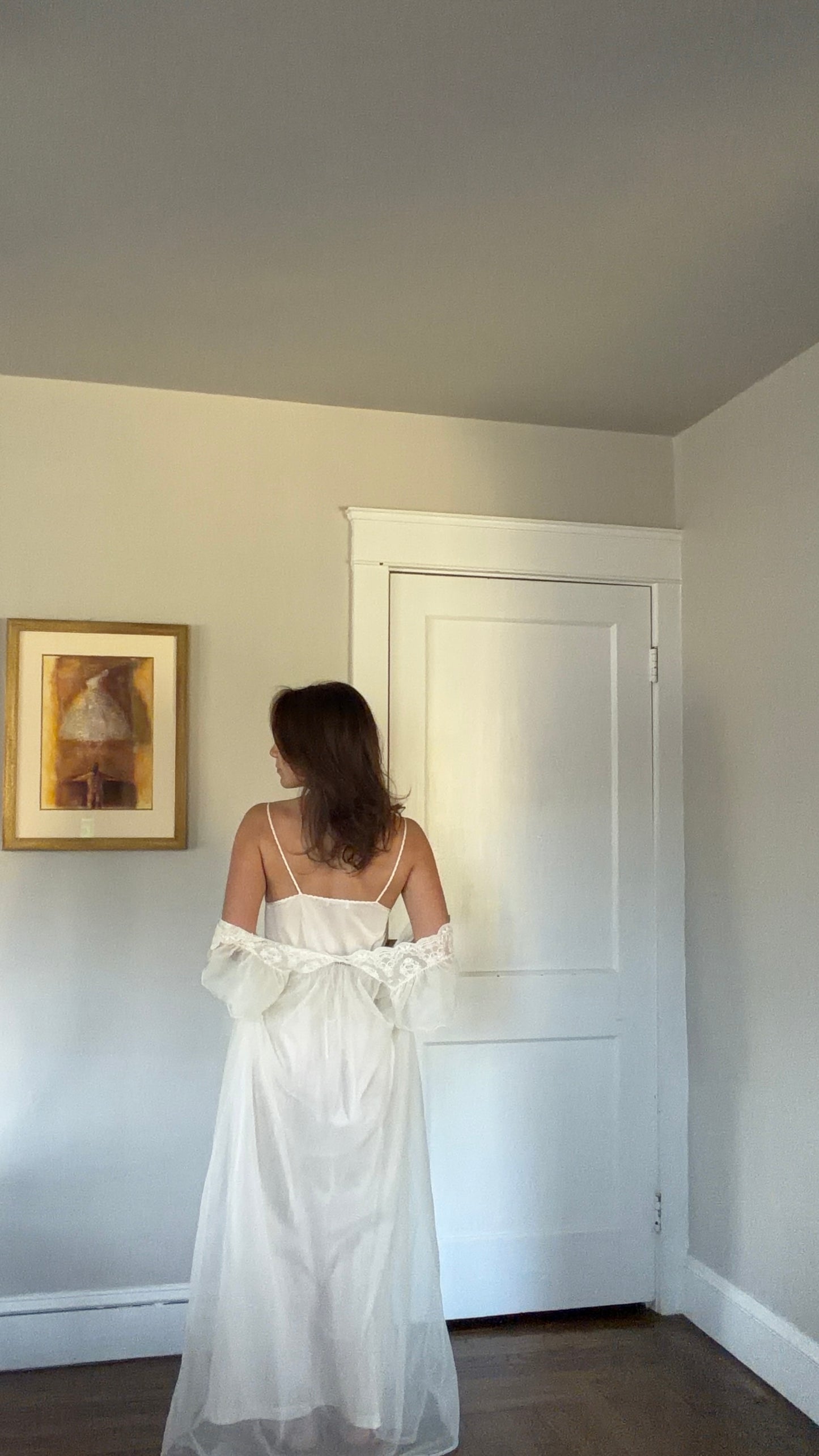 Tie-Back Slip & Chiffon Overlay Peignoir Set - Cream