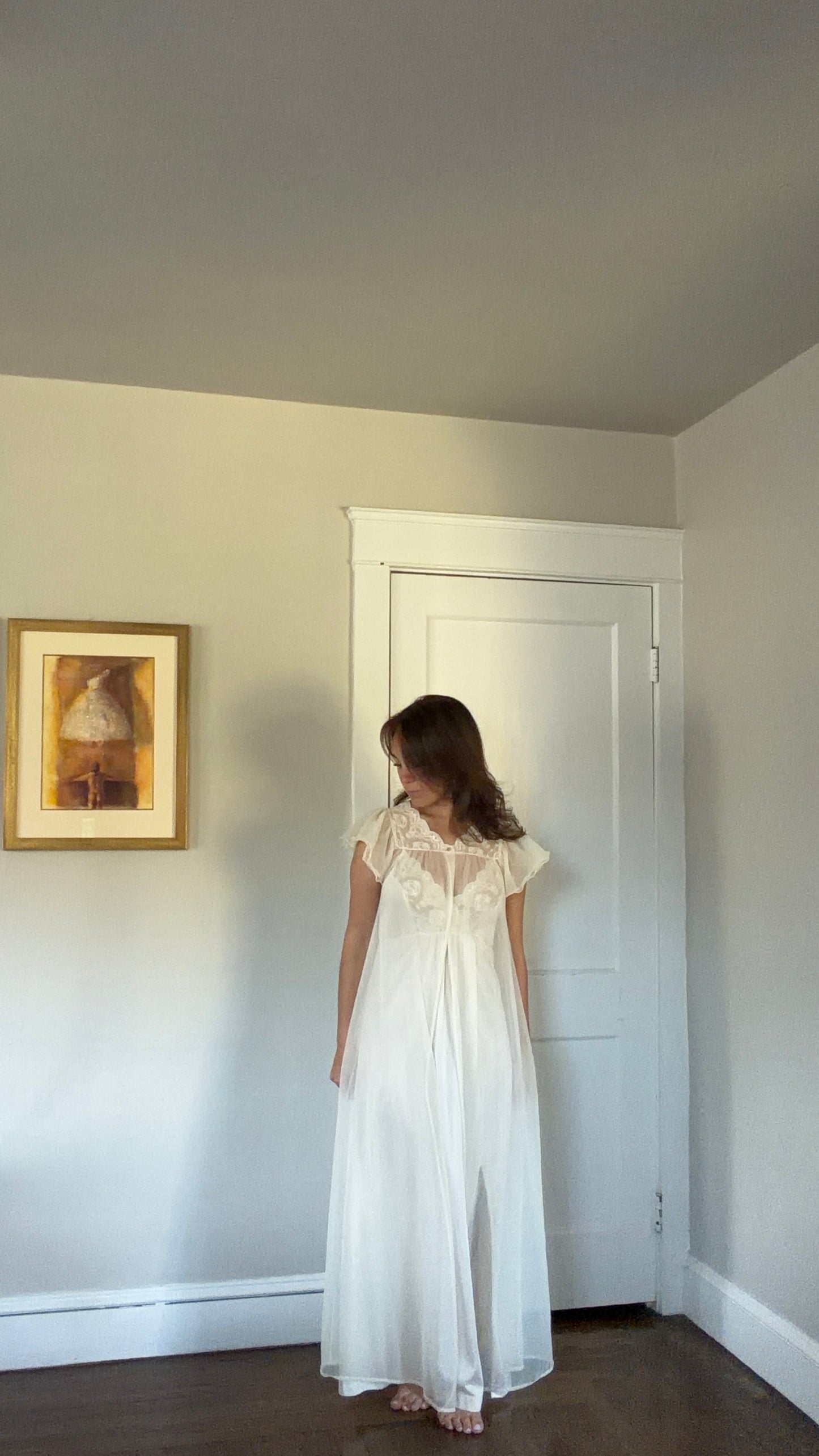 Tie-Back Slip & Chiffon Overlay Peignoir Set - Cream