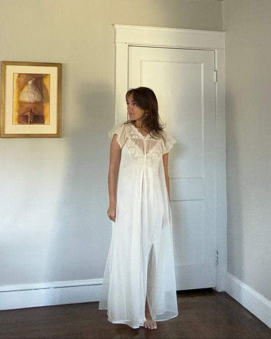 Tie-Back Slip & Chiffon Overlay Peignoir Set - Cream