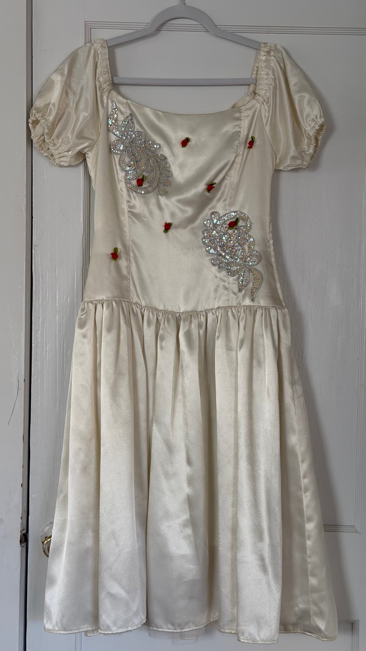 Vintage Euro Cream Rosette & Sequin Puff-Sleeve Dress