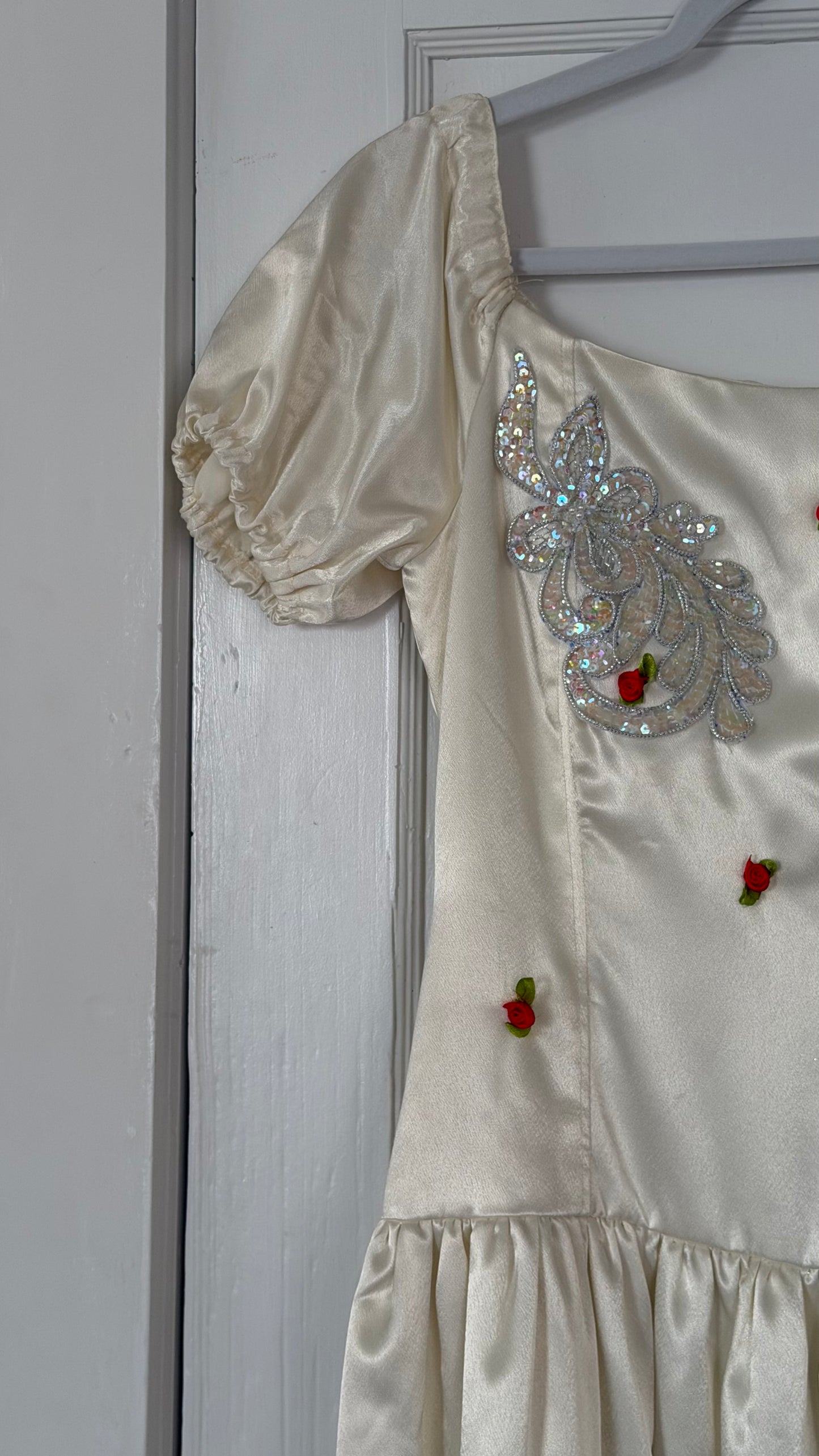 Vintage Euro Cream Rosette & Sequin Puff-Sleeve Dress