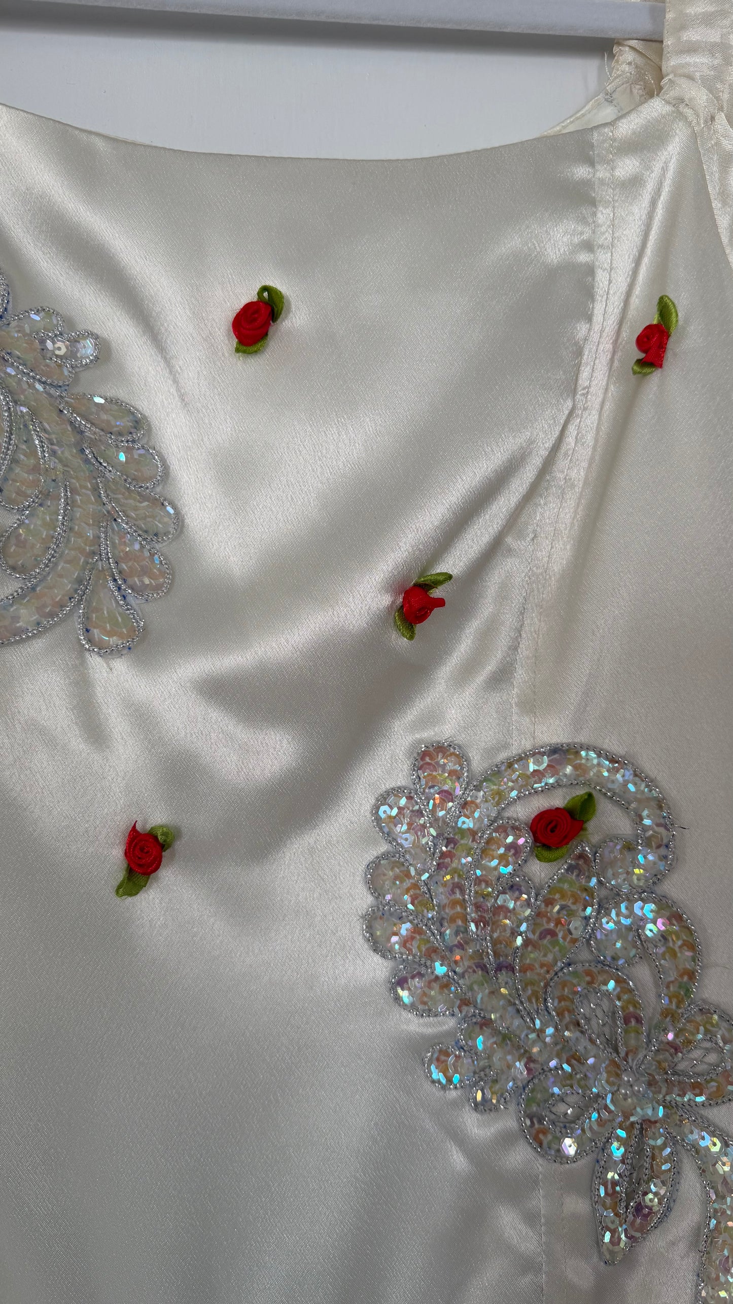 Vintage Euro Cream Rosette & Sequin Puff-Sleeve Dress