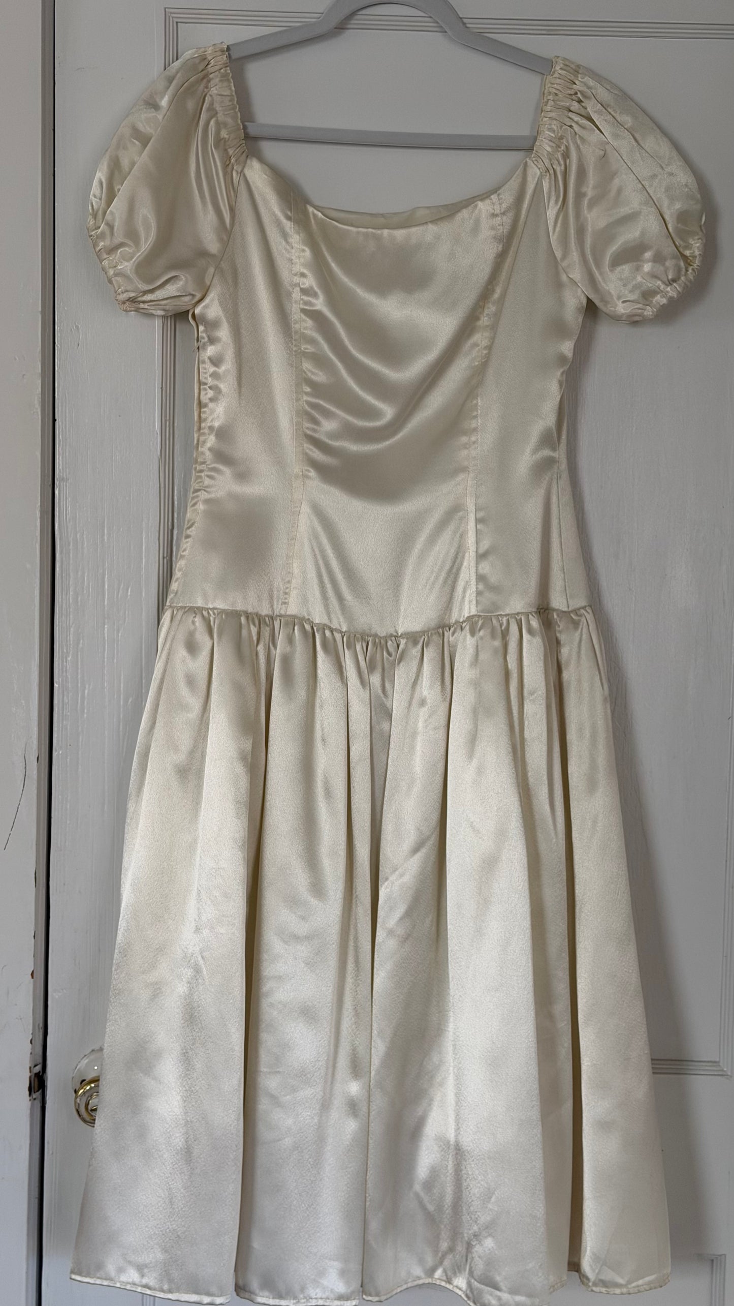 Vintage Euro Cream Rosette & Sequin Puff-Sleeve Dress
