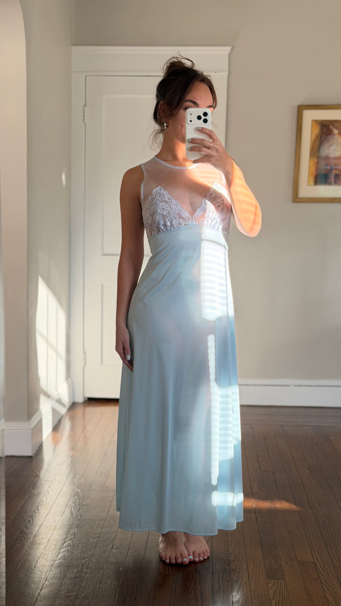 Rare Sky Blue & Lavender Lace-Bodice Maxi Slip