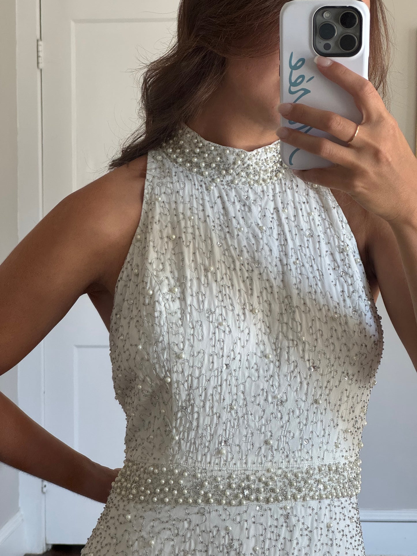 Vintage Venus Couture Beaded Halter Dress with Pearl & Crystal Detail