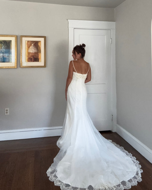 Y2K Deadstock Emme Bridal Gown with Beaded Bodice & Lace Hem Train