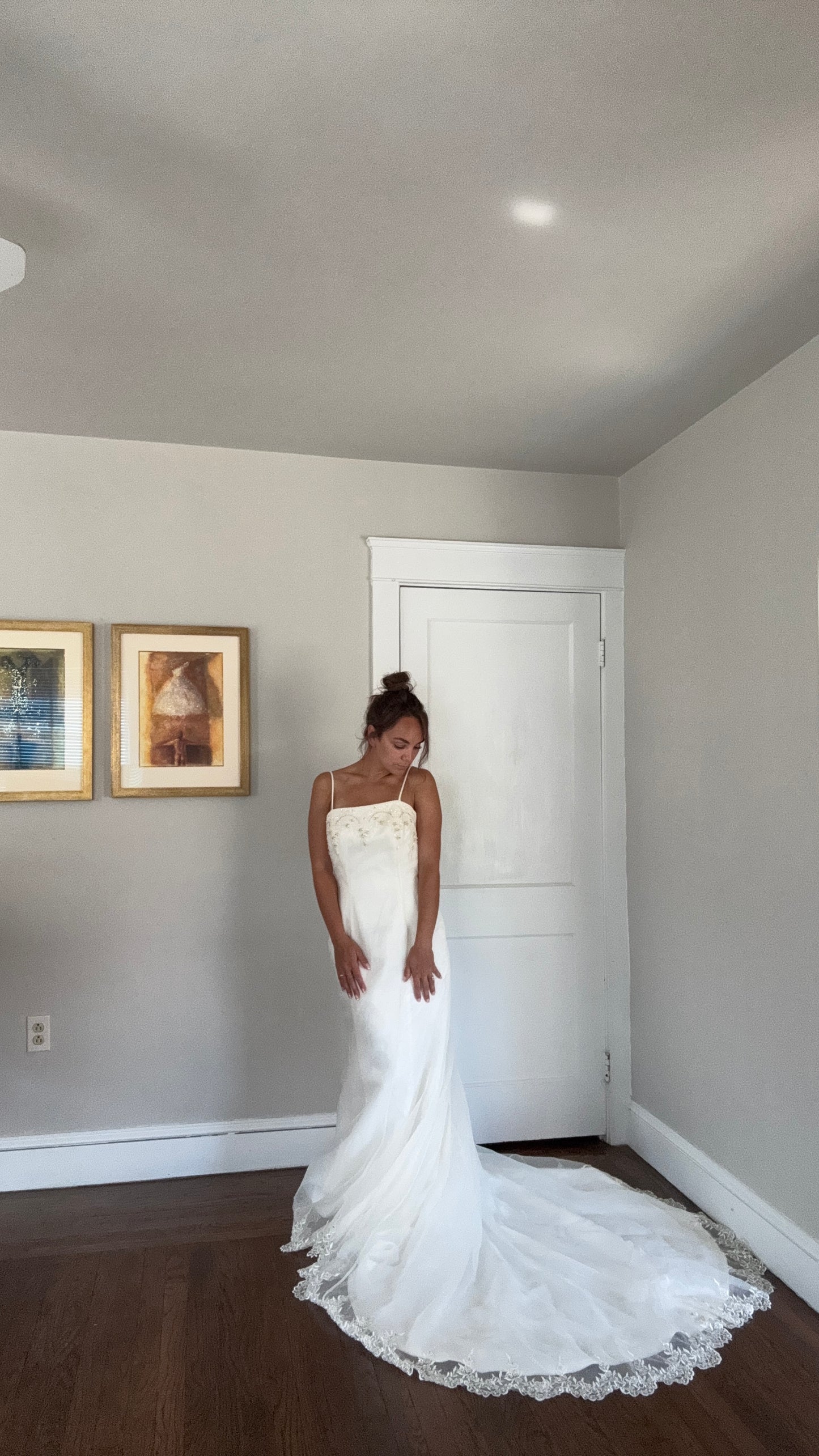 Y2K Deadstock Emme Bridal Gown with Beaded Bodice & Lace Hem Train