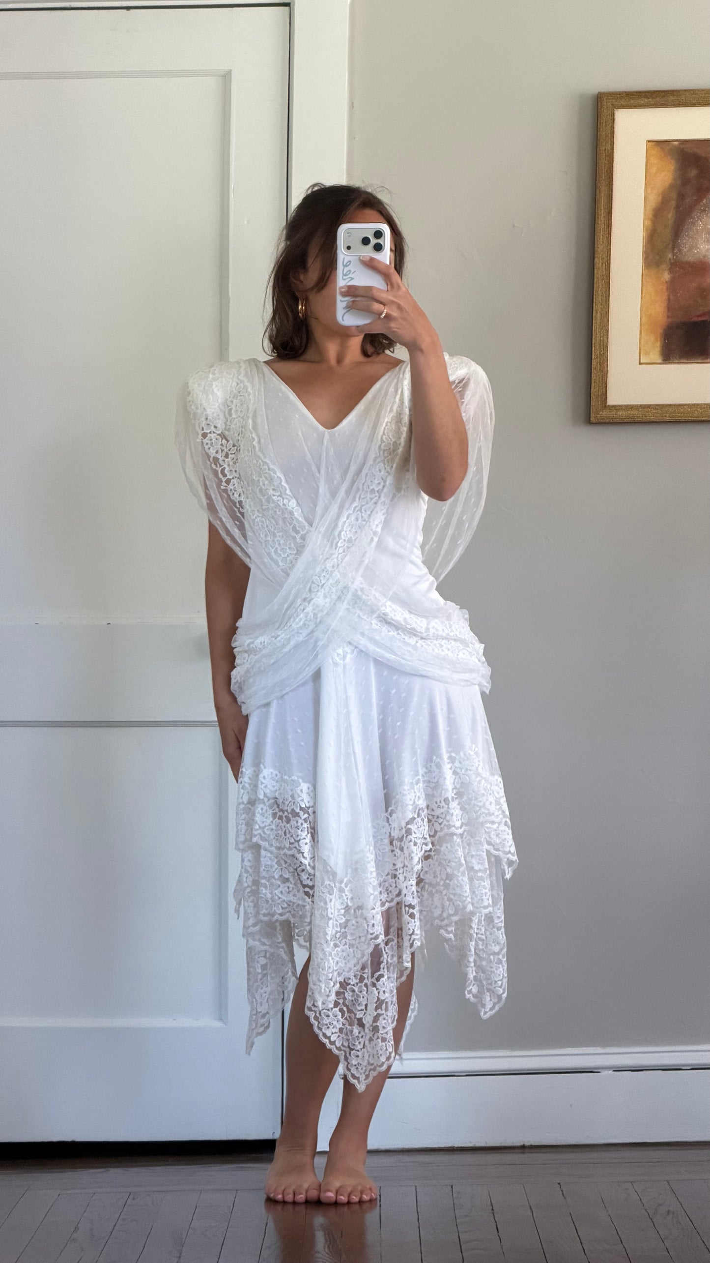 Draped Asymmetrical Swiss Dot & Lace Dress