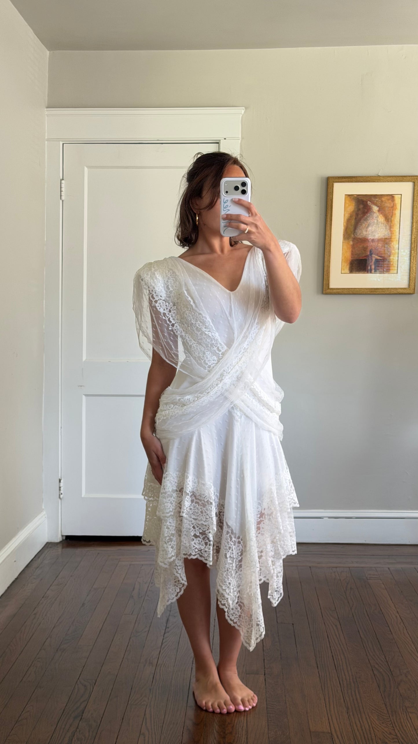 Draped Asymmetrical Swiss Dot & Lace Dress