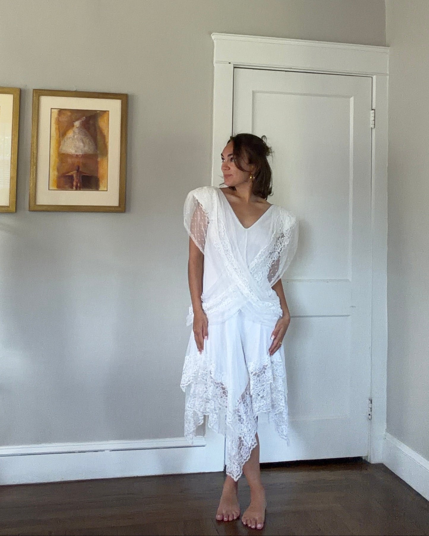 Draped Asymmetrical Swiss Dot & Lace Dress