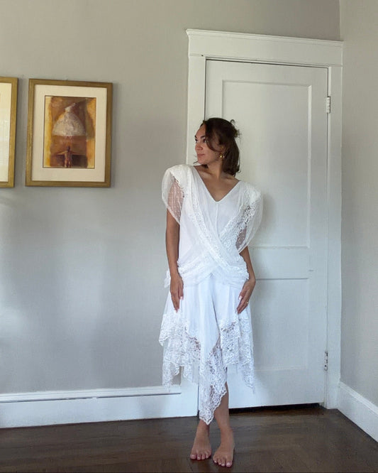 Draped Asymmetrical Swiss Dot & Lace Dress