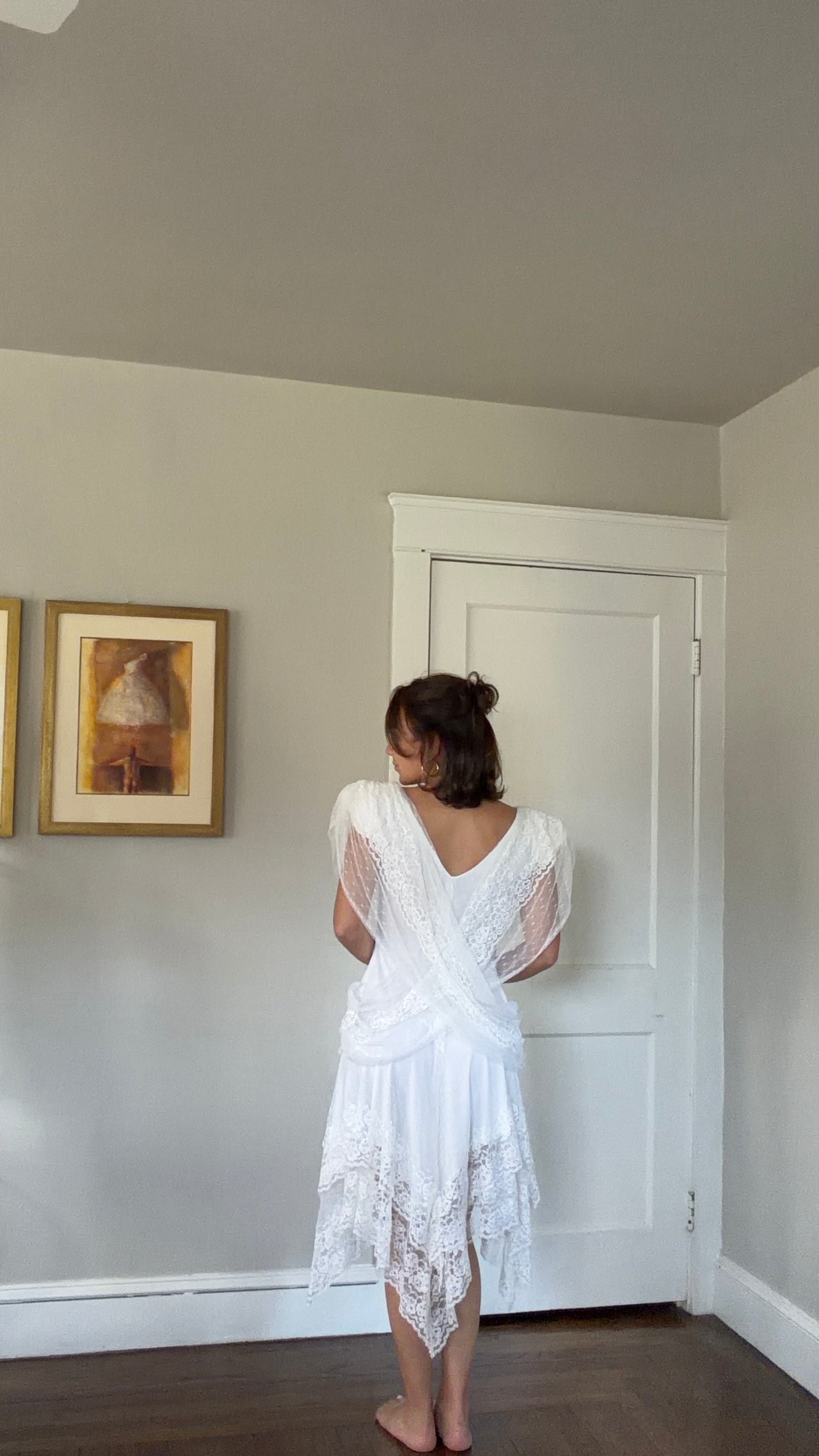 Draped Asymmetrical Swiss Dot & Lace Dress