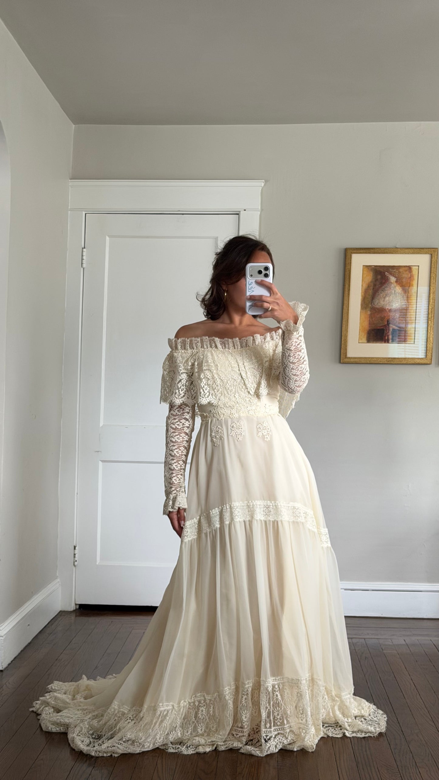 Off-the-Shoulder Cream Lace Detail Wedding Gown with Train
