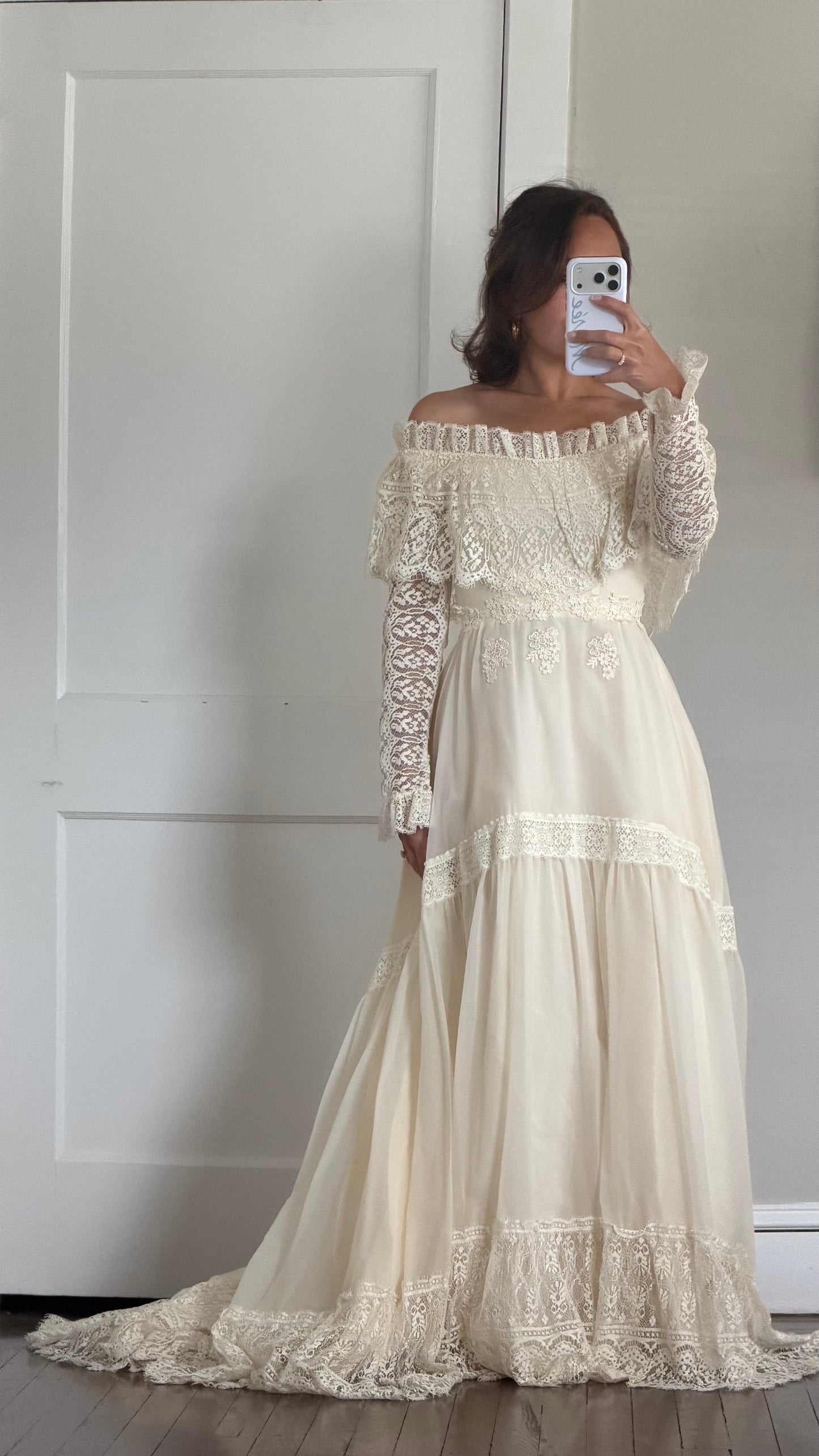 Off-the-Shoulder Cream Lace Detail Wedding Gown with Train