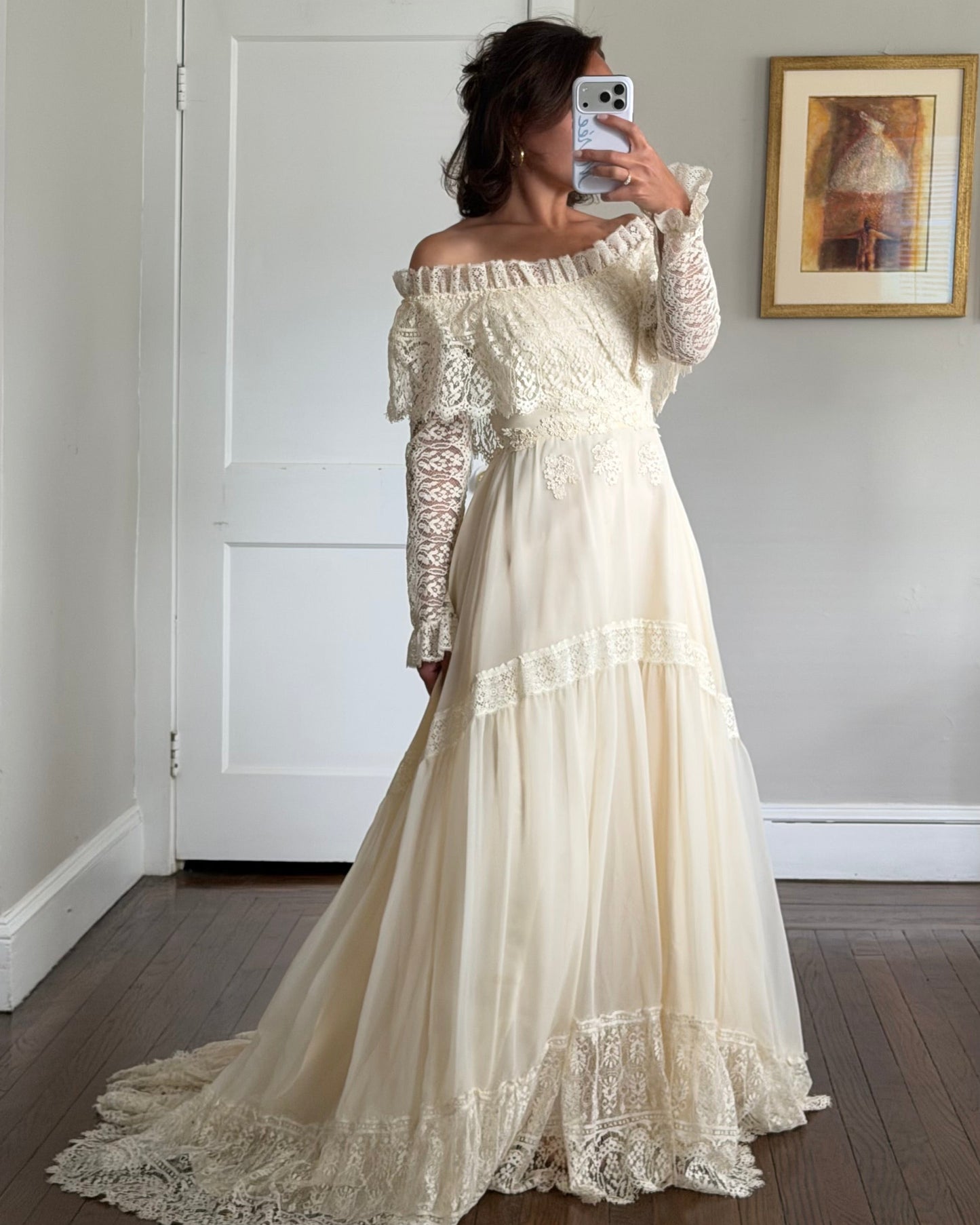 Off-the-Shoulder Cream Lace Detail Wedding Gown with Train