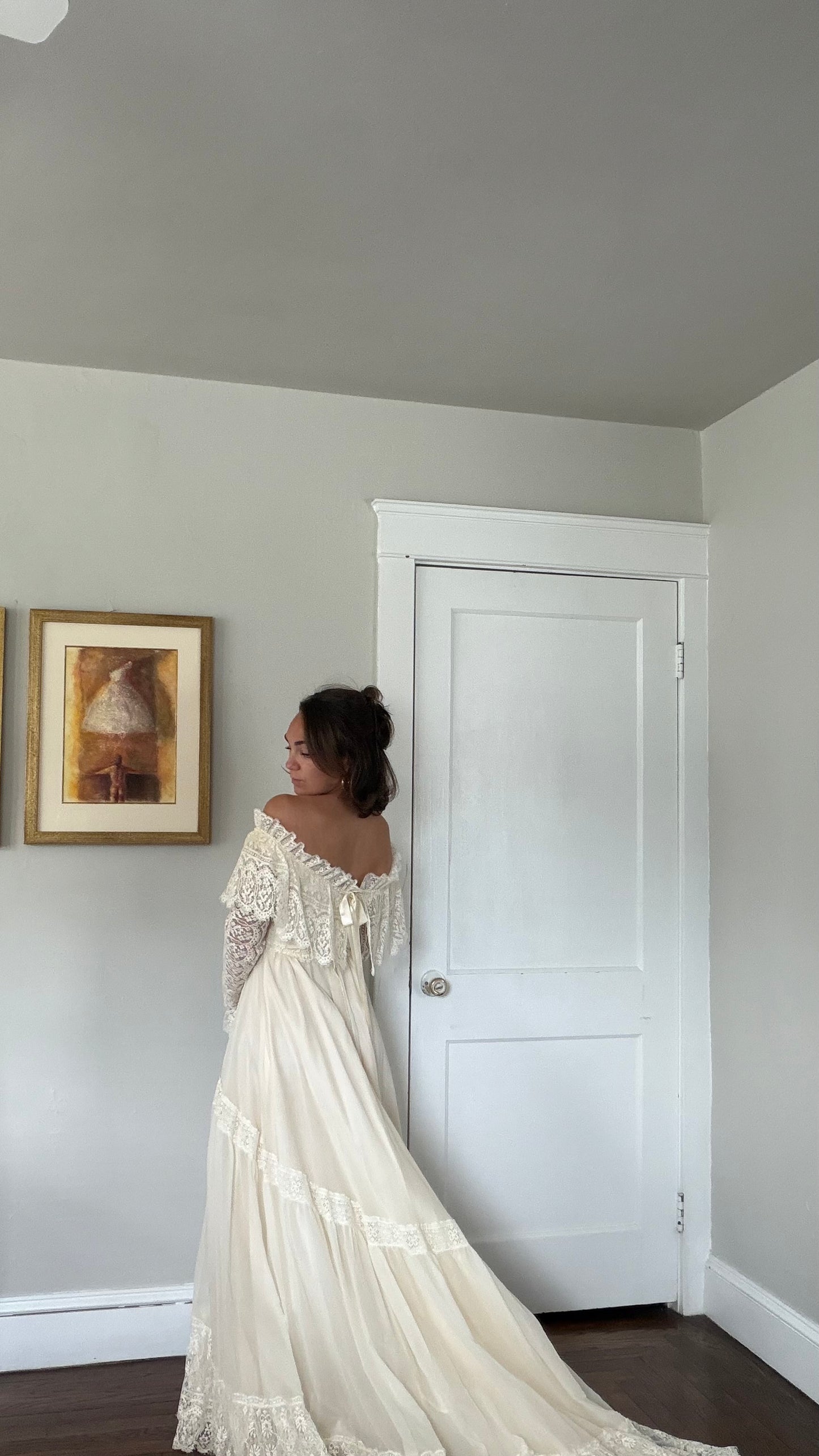 Off-the-Shoulder Cream Lace Detail Wedding Gown with Train
