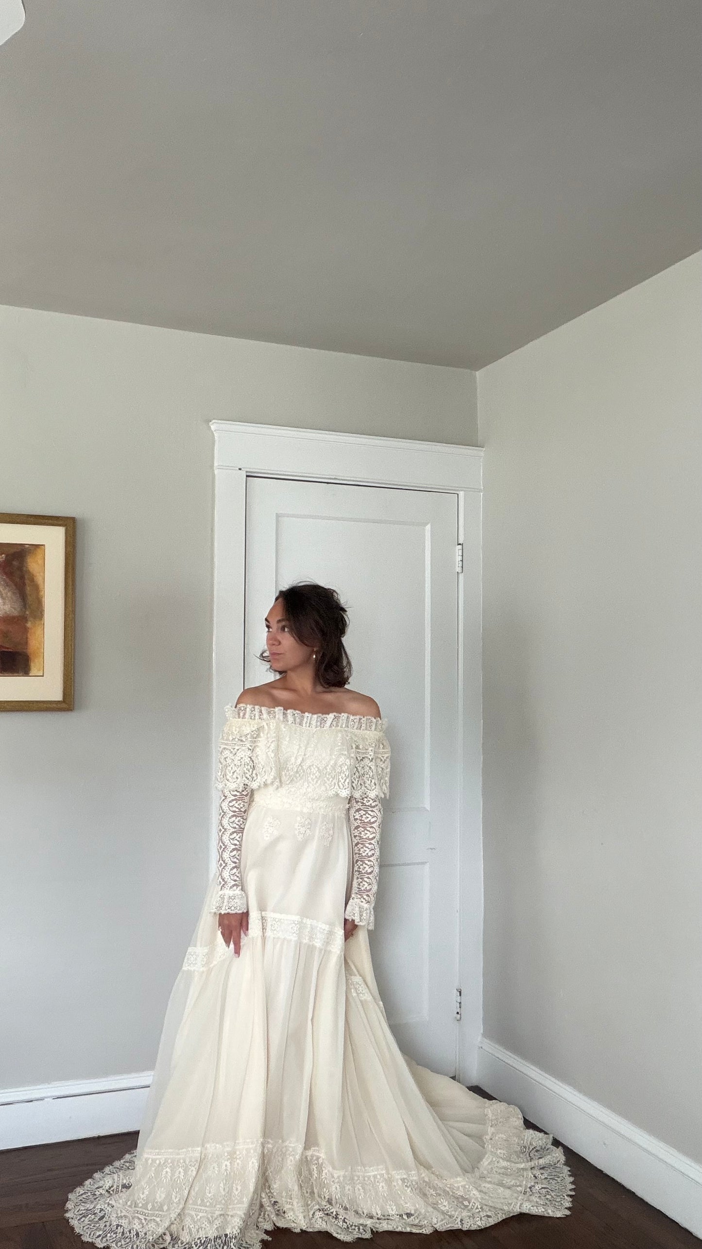 Off-the-Shoulder Cream Lace Detail Wedding Gown with Train