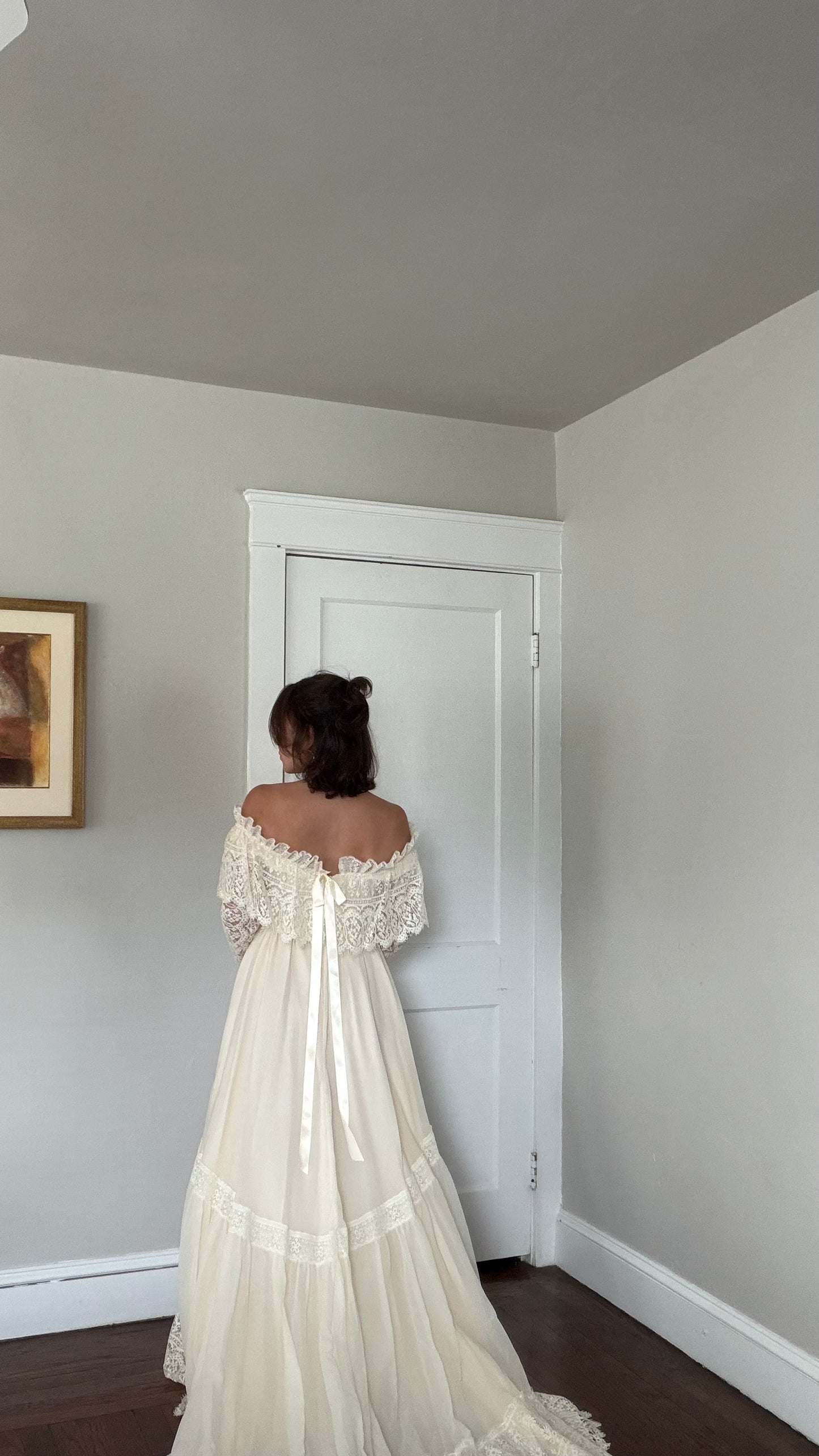 Off-the-Shoulder Cream Lace Detail Wedding Gown with Train