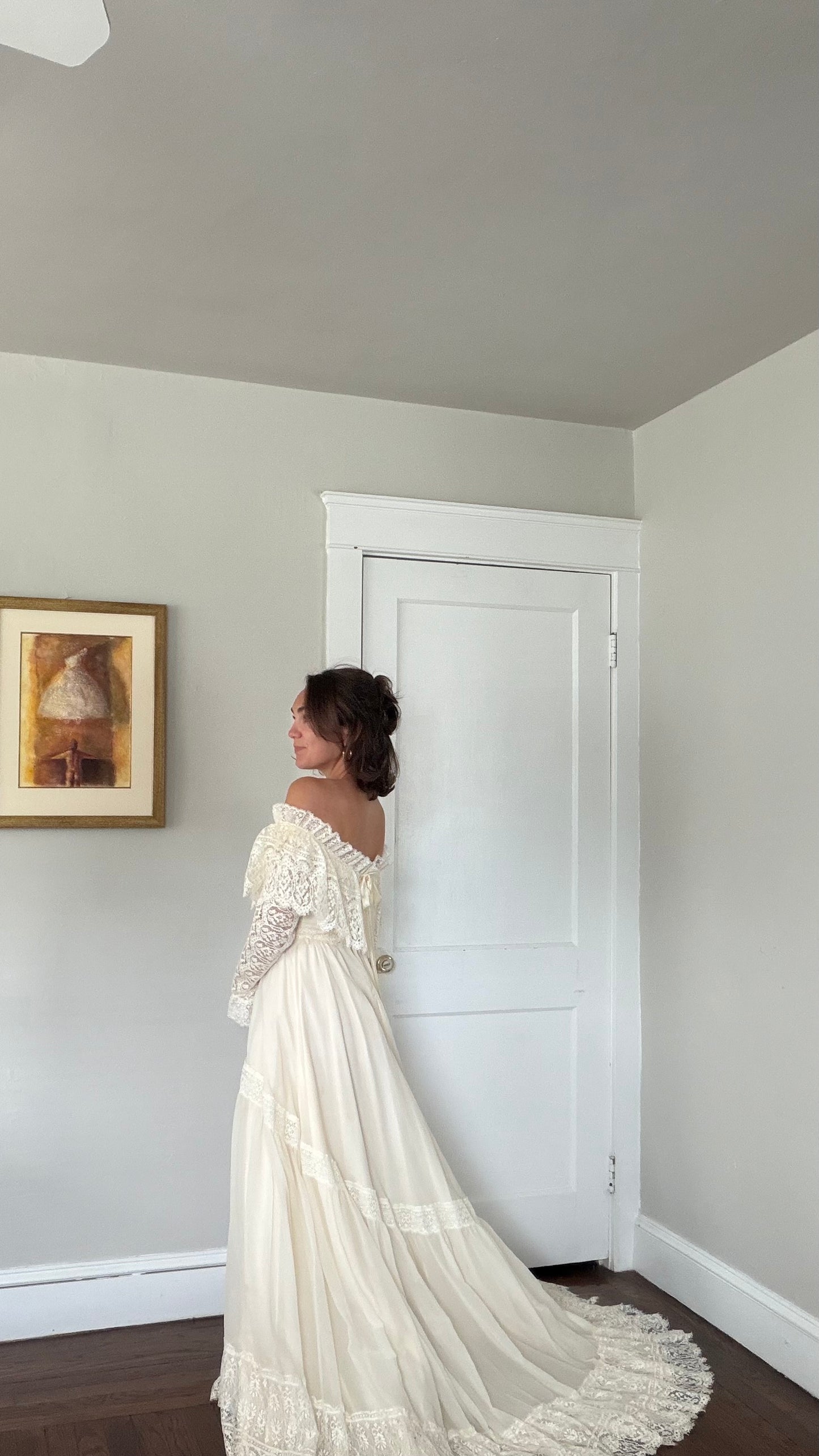 Off-the-Shoulder Cream Lace Detail Wedding Gown with Train